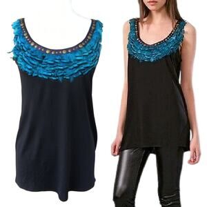 DVF Diane Von Furstenberg MARKETTA Feather Studded Black Jersey Tank Top Small